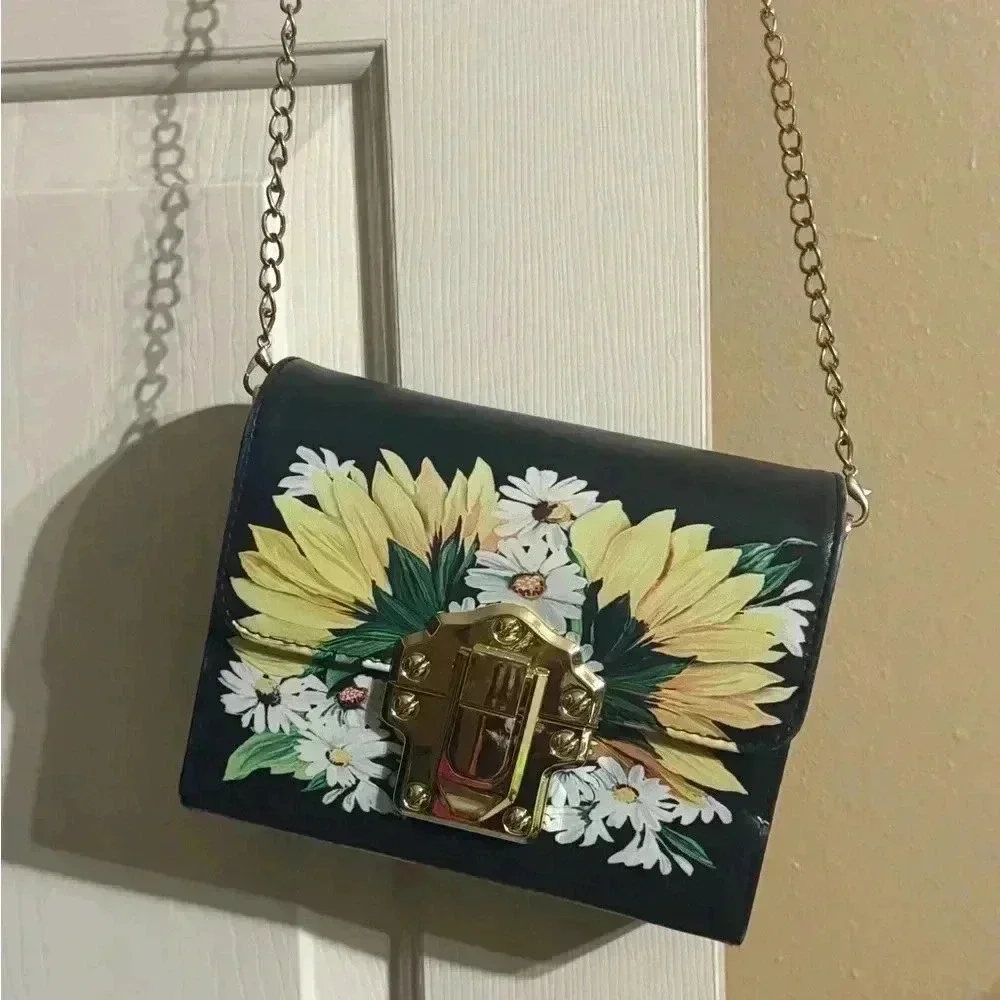 Hand-painted floral crossbody bag with gold chain strap